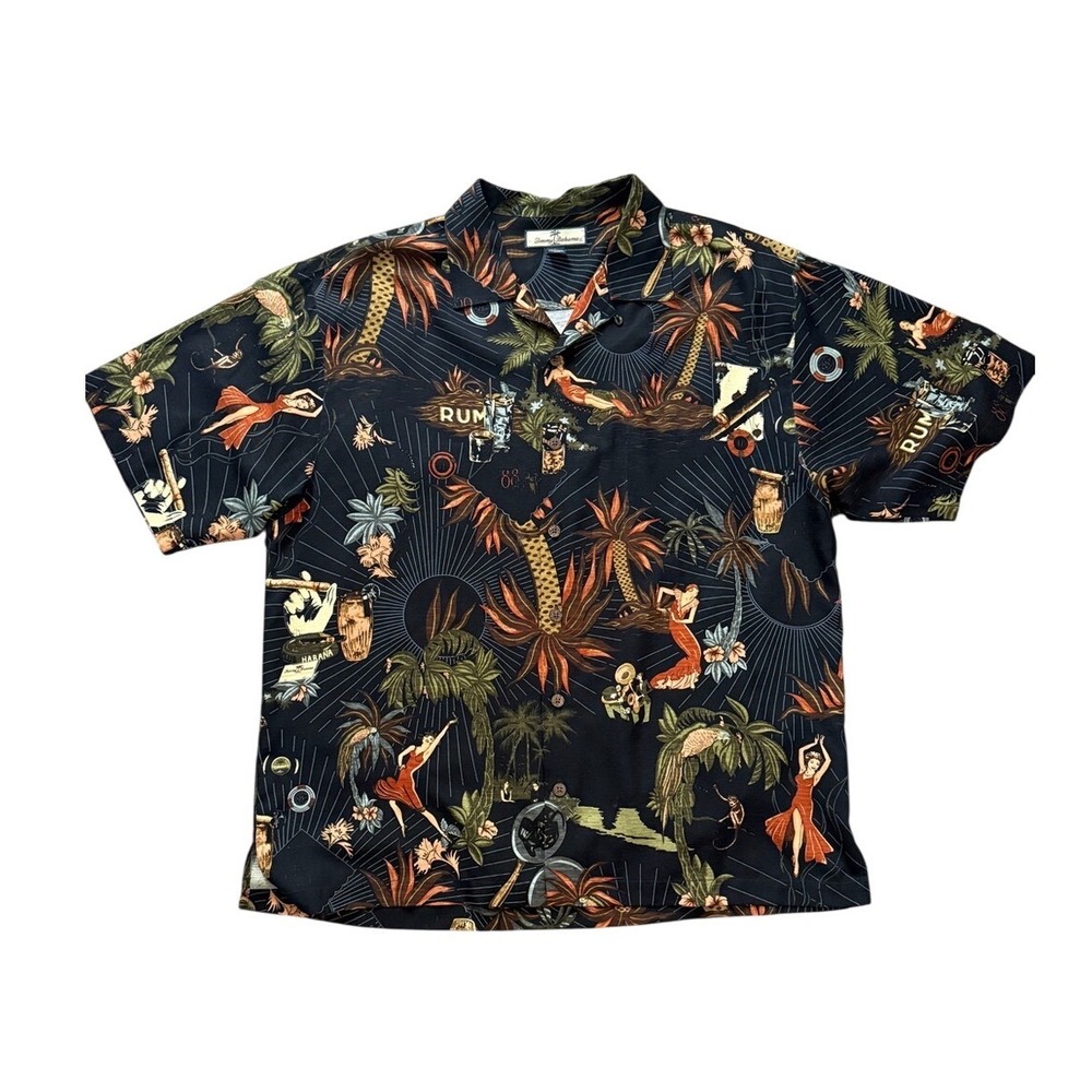 NWOT Tommy Bahama Black Havana Pin-Up Girl 100% Silk Camp Shirt L Resortwear - Picture 1 of 8